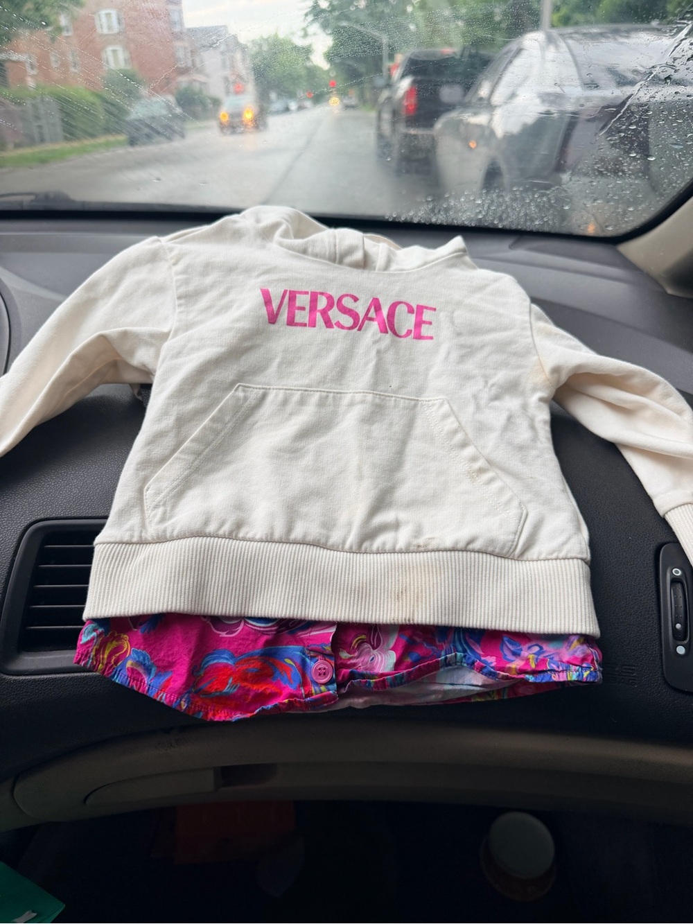 Versace Kids Cream Crewneck Sweatshirt with Pink Logo